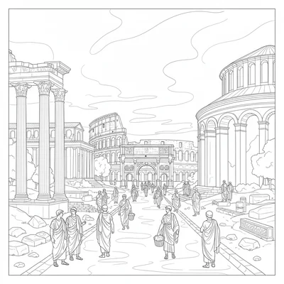 An ancient Rome reconstruction view of the Forum Romanum showing the Via Sacra coloring page