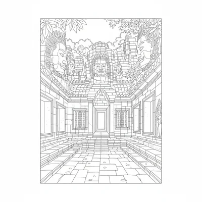 A Angkor Thom Bayon temple interior view, the narrow inner passageways between coloring page