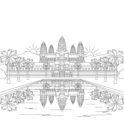 Angkor Wat reflected in the long rectangular reflecting pool, the temple towers coloring page