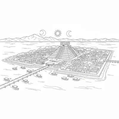 A Aztec Tenochtitlan reconstruction scene, the great Templo Mayor double coloring page