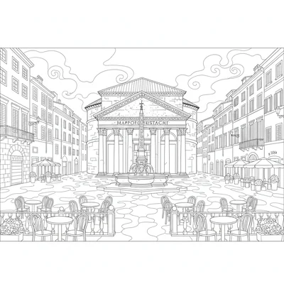 A Baroque Rome piazza scene with the Pantheon facade centered at the back coloring page