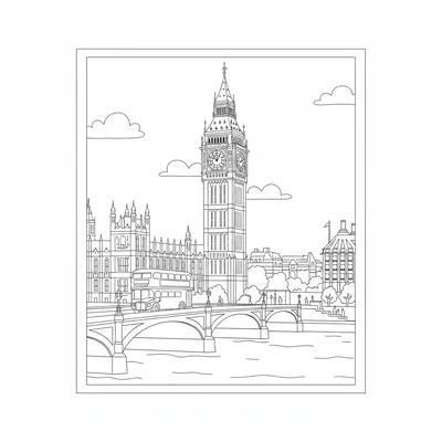Big Ben with the Thames and a red double-decker bus, the clock tower rising coloring page