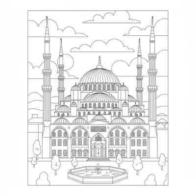 The Blue Mosque in Istanbul at dawn, the six minarets of the Sultan Ahmed coloring page
