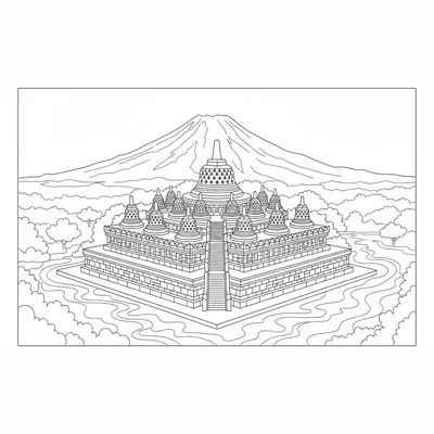 A Borobudur Buddhist temple in Java panoramic view coloring page