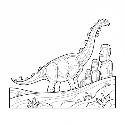 A Brachiosaurus beside the Moai statues of Easter Island, its head level with t… coloring page