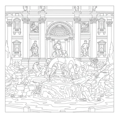 A Brachiosaurus drinking from the Trevi Fountain in Rome, the fountain facade s… coloring page