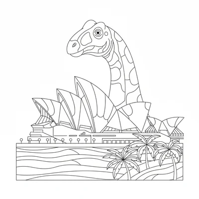 A Brachiosaurus peering over the roofline of the Sydney Opera House, the iconic… coloring page