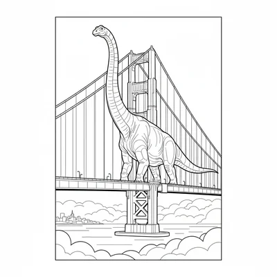 A Brachiosaurus walking across the Golden Gate Bridge, its neck towering above… coloring page
