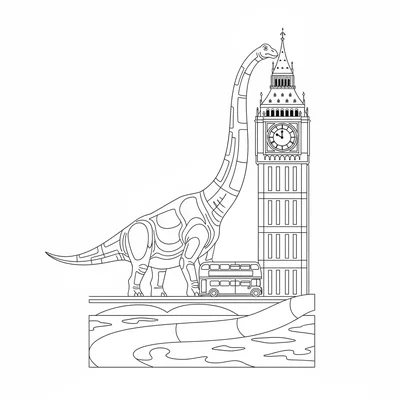 A Brachiosaurus with its neck alongside Big Ben, the clock face level with its… coloring page