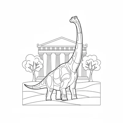 A Brachiosaurus with its neck rising above the columns of the Greek Parthenon,… coloring page