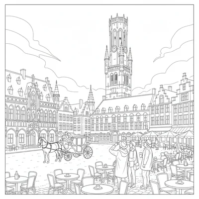 A Bruges medieval market square with the Belfry tower in the background coloring page
