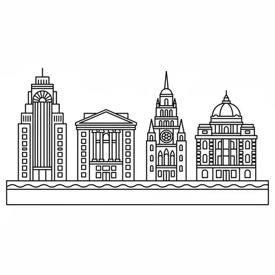 The Bund in Shanghai simplified as a row of four different-style heritage coloring page