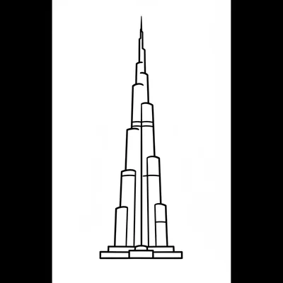 The Burj Khalifa simplified as a very tall tapering spire shape with three coloring page