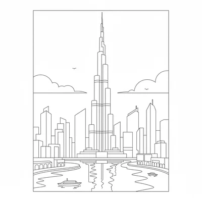 The Burj Khalifa with Dubai Marina in the foreground, the tower rising above coloring page