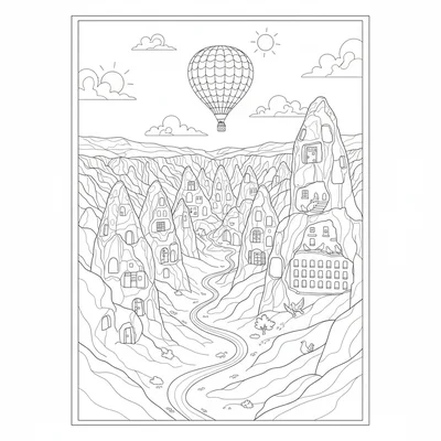 A Cappadocia cave city view, a landscape of tall eroded coloring page