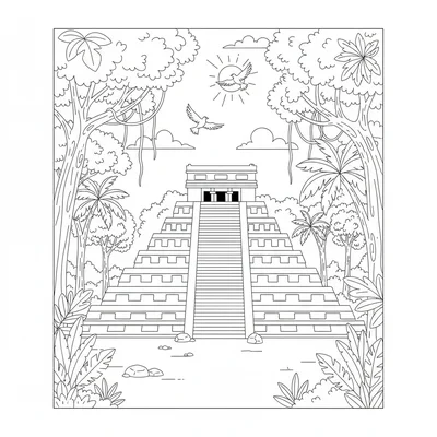 Chichen Itza with jungle trees on both sides, the pyramid in the center, tall coloring page