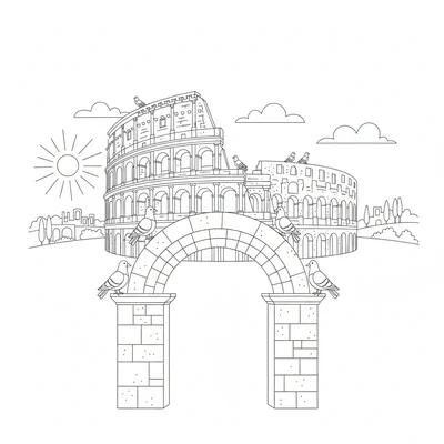 The Colosseum at dawn, the Colosseum outer wall in early morning light coloring page