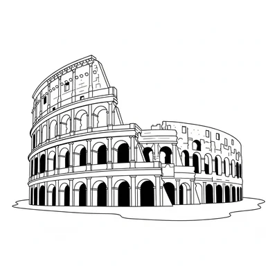 The Colosseum from a classic tourist angle, three-quarter view showing two coloring page