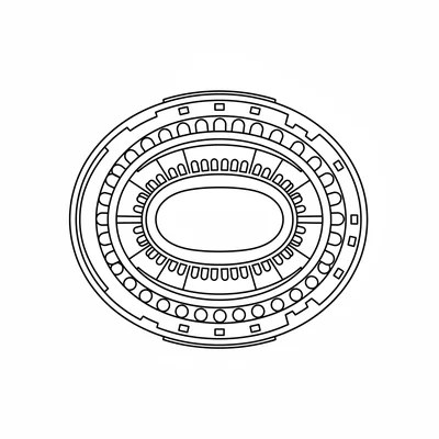 The Colosseum from above, an oval amphitheater shape with concentric oval rings coloring page