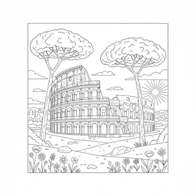The Colosseum in spring with Roman pines, two tall stone pine trees framing coloring page