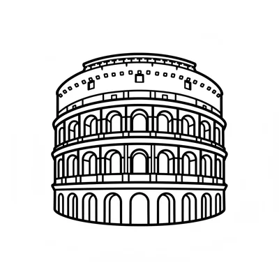 The Colosseum simplified as an oval building shape with four levels of arched coloring page