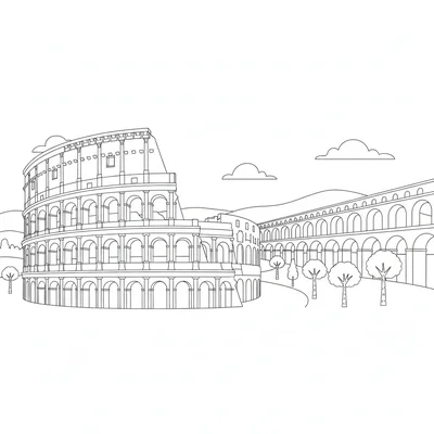 The Colosseum with a Roman aqueduct in the distance, the Colosseum coloring page