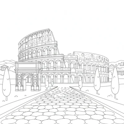 The Colosseum with an ancient Roman street in the foreground, a cobblestone Via coloring page