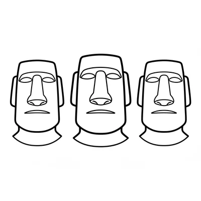 Easter Island Moai statues, three simplified moai heads in a row coloring page