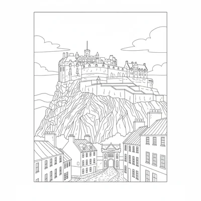 Edinburgh Castle on its volcanic rock, the castle walls and towers on the high coloring page