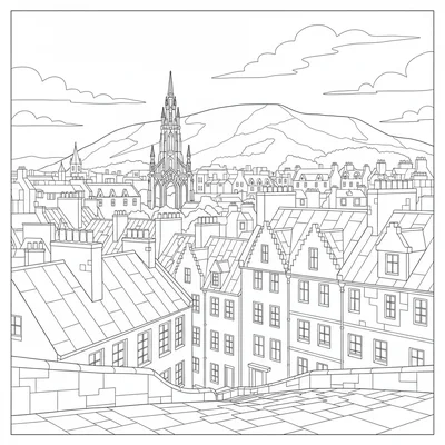 An Edinburgh Old Town roofscape viewed from the castle, the Royal Mile coloring page