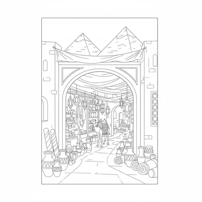 An Egyptian bazaar in a souq near the pyramids, arched entrance gates coloring page