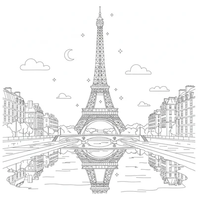 The Eiffel Tower at night with the Seine River in the foreground, the tower's coloring page