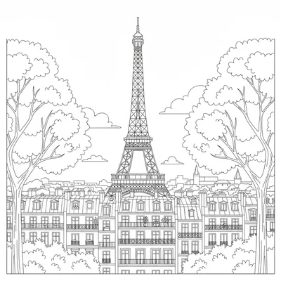 The Eiffel Tower with Parisian rooftops and trees in the foreground, the tower coloring page