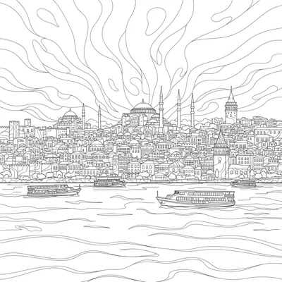 A full Istanbul panorama showing the Bosphorus strait with ferries crossing coloring page