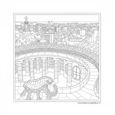 A Gaudi Parc Guell mosaic terrace scene with the famous serpentine bench coloring page