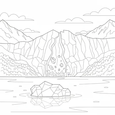 Glacier Bay Alaska with ice calving, a large tidewater glacier face coloring page