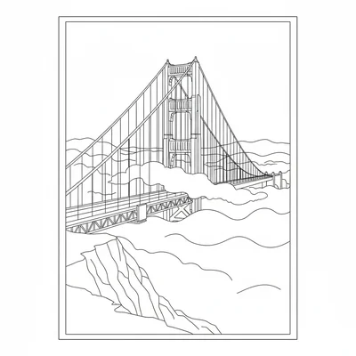 The Golden Gate Bridge in fog, the two towers rising above a fog bank coloring page