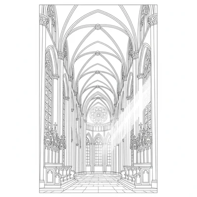 A Gothic cathedral interior with soaring pointed arches rising to the vaulted coloring page