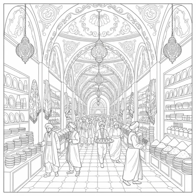 A Grand Bazaar Istanbul scene, a long covered market lane with high arched coloring page