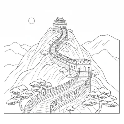 The Great Wall climbing a hill, a section of the wall winding along a steep coloring page