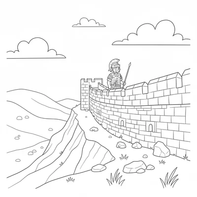 Hadrian's Wall with a Roman soldier walking the parapets, a section coloring page