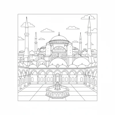 Hagia Sophia with a nearby fountain courtyard, the domed facade visible behind coloring page