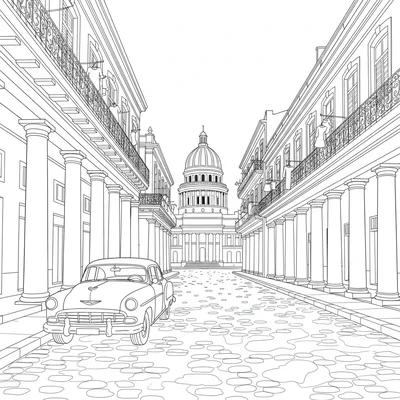 A Havana Cuba street scene, colonial-era buildings with columned arcades coloring page