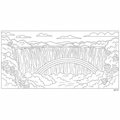 Iguazu Falls panorama, a wide horizontal panorama of the Iguazu Falls showing coloring page