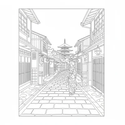 A Kyoto traditional streetscape in the Gion district with machiya townhouses coloring page