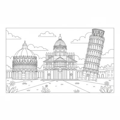 The Leaning Tower of Pisa with the Pisa Cathedral and Baptistery, the three coloring page