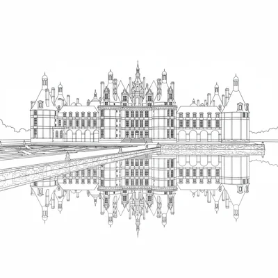 A Loire Valley chateau on the river, the Chateau de Chambord with its coloring page