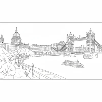 A London panorama from the South Bank, the Thames in the foreground coloring page