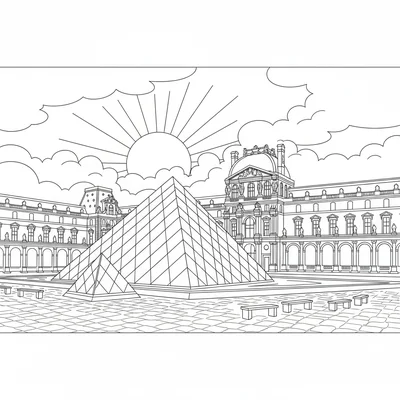 The Louvre with its pyramid at sunset, the glass pyramid in the foreground coloring page