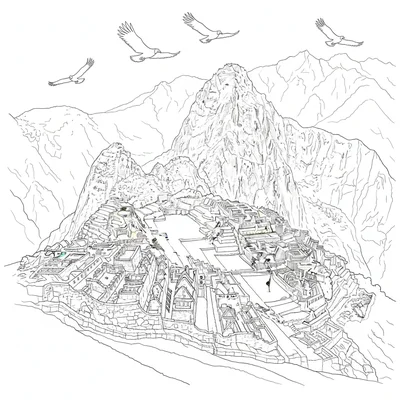 A Machu Picchu full site panorama, the terraced citadel coloring page